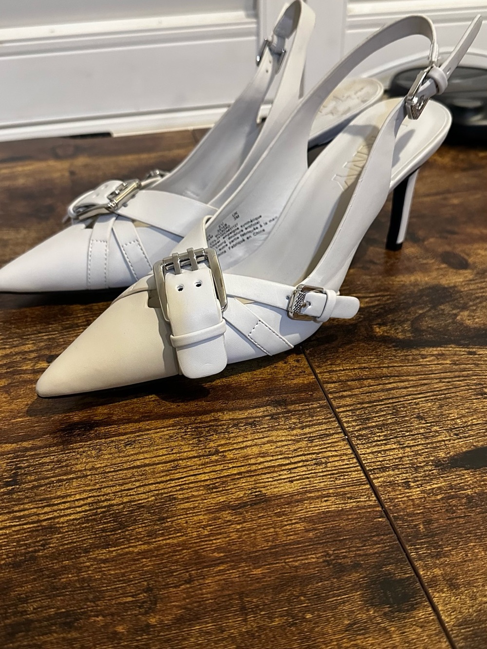 Pointed White Slingback Heels with Buckle Accent